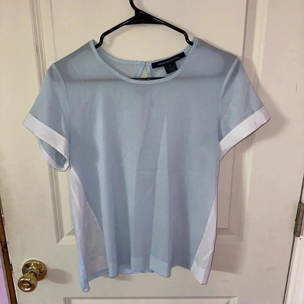French Connection Women's Color Block Blue & White Mixed Media Shirt Sz S